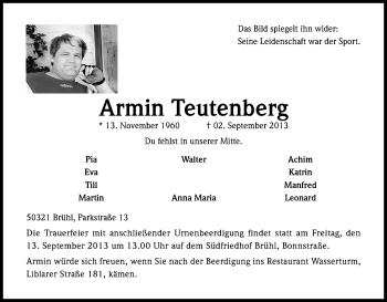 Anzeige von Armin Teutenberg von Köln - Wir Trauern